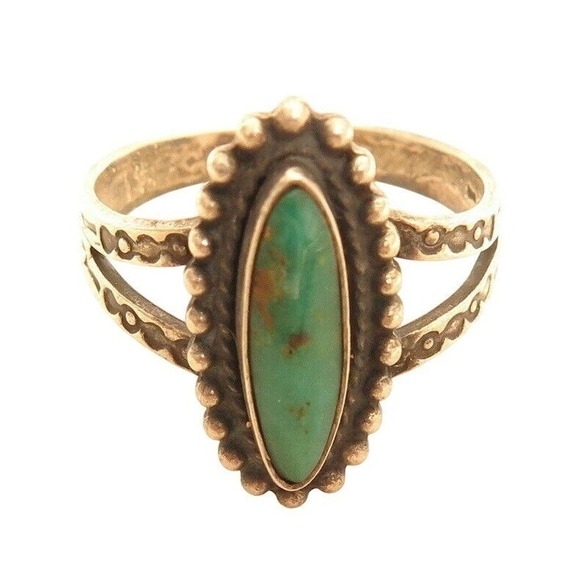 Vintage Southwestern Oval Green Turquoise Sterling Silver Ring*Frog*Sz7.75 - Picture 1 of 6